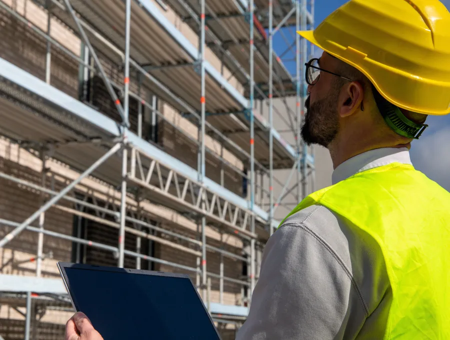 A construction site with structural and finish work in progress
